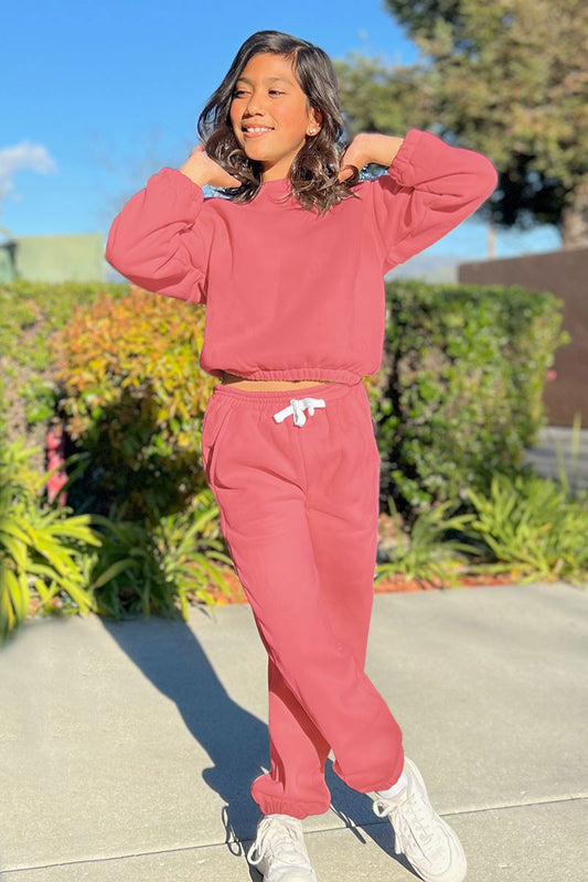 Girl's 2pc Pant Jog Set W/ Ribbed Neckline &amp; Smocked Elastic Waistband