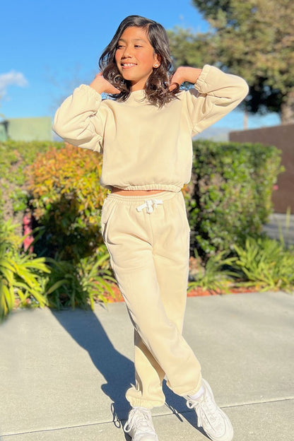 Girl's 2pc Pant Jog Set W/ Ribbed Neckline &amp; Smocked Elastic Waistband