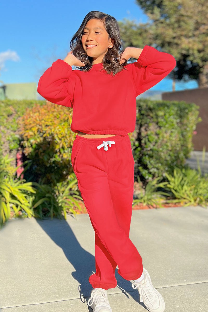 Girl's 2pc Pant Jog Set W/ Ribbed Neckline &amp; Smocked Elastic Waistband