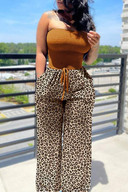 Drawstring Waist Shirred Bodice Wide Leg Jumpsuit