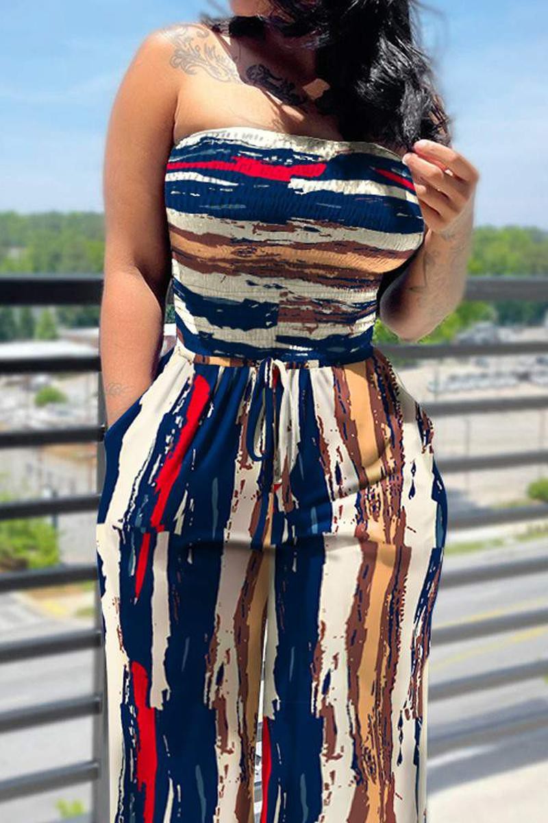 Drawstring Waist Shirred Bodice Wide Leg Jumpsuit