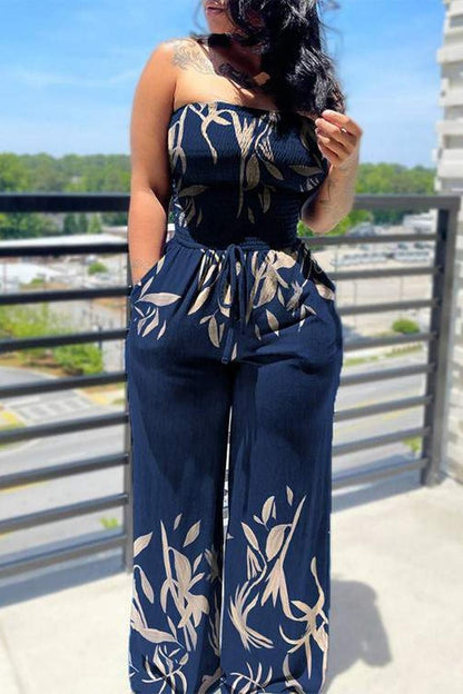 Drawstring Waist Shirred Bodice Wide Leg Jumpsuit
