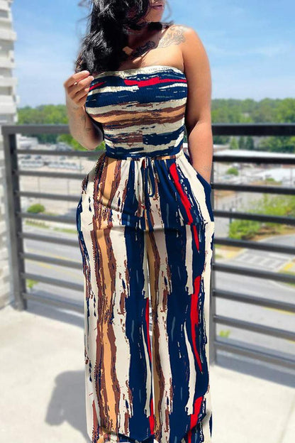 Drawstring Waist Shirred Bodice Wide Leg Jumpsuit