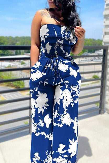 Drawstring Waist Shirred Bodice Wide Leg Jumpsuit