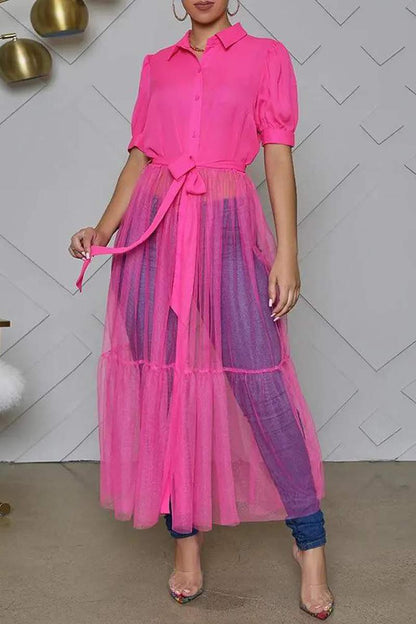 TIED DETAIL PUFF SLEEVE SHEER MESH PATCH SHIRT