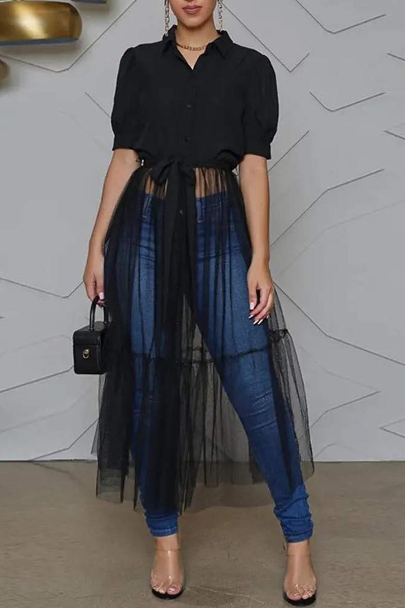 TIED DETAIL PUFF SLEEVE SHEER MESH PATCH SHIRT