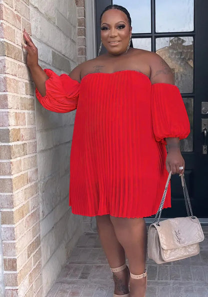 Chiffon Puff Sleeve Pleated off shoulder loose Dress