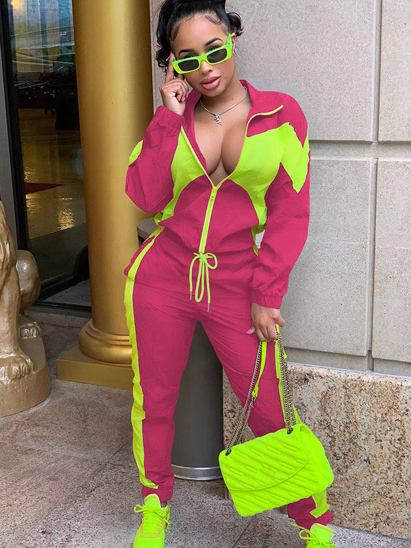 Two Piece Color Block Zip Up Tops & Long Pants