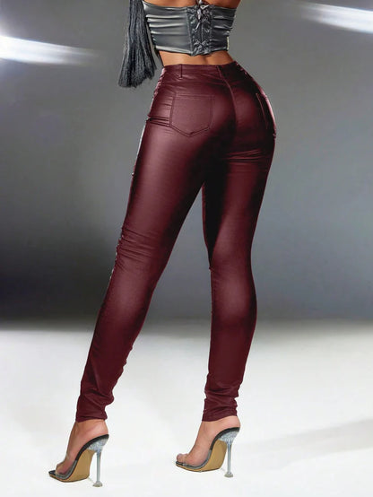 Apperloth Women Wine Red High Waist Skinny Leggings Tapered Pants