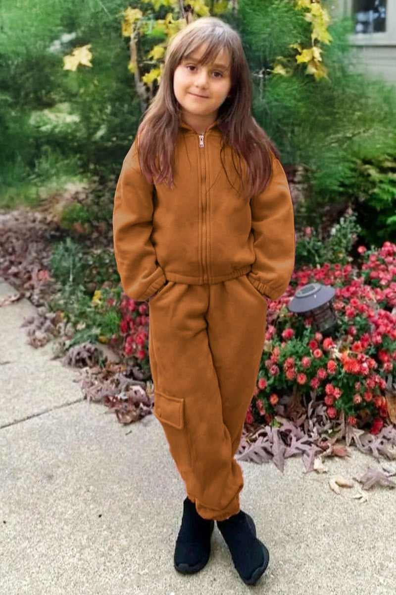 Girls 2pc Pant Jog Set W/ Zip Up Hoodie & Smocked Elastic Waistband