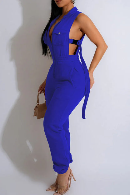 Casual Solid Zipper Collar Jumpsuits