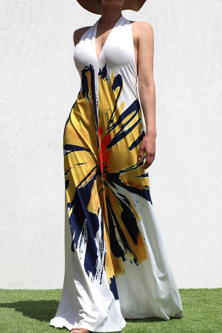 PRINTED HALTER KNIT MAXI DRESS