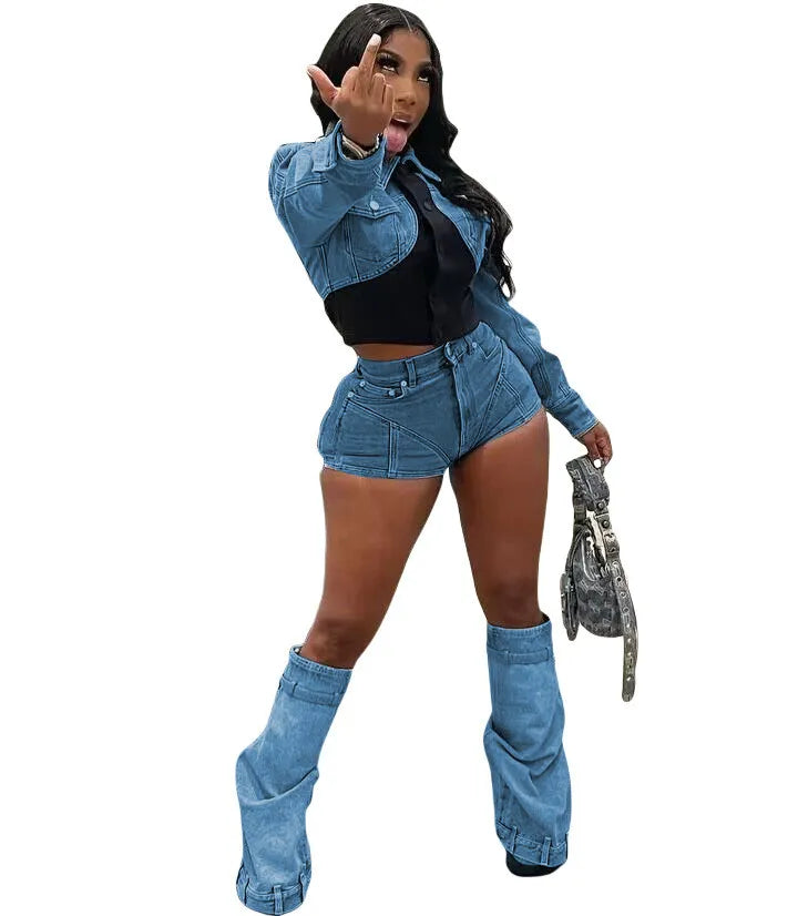 Stretch Denim Top and Shorts Two-Piece Set