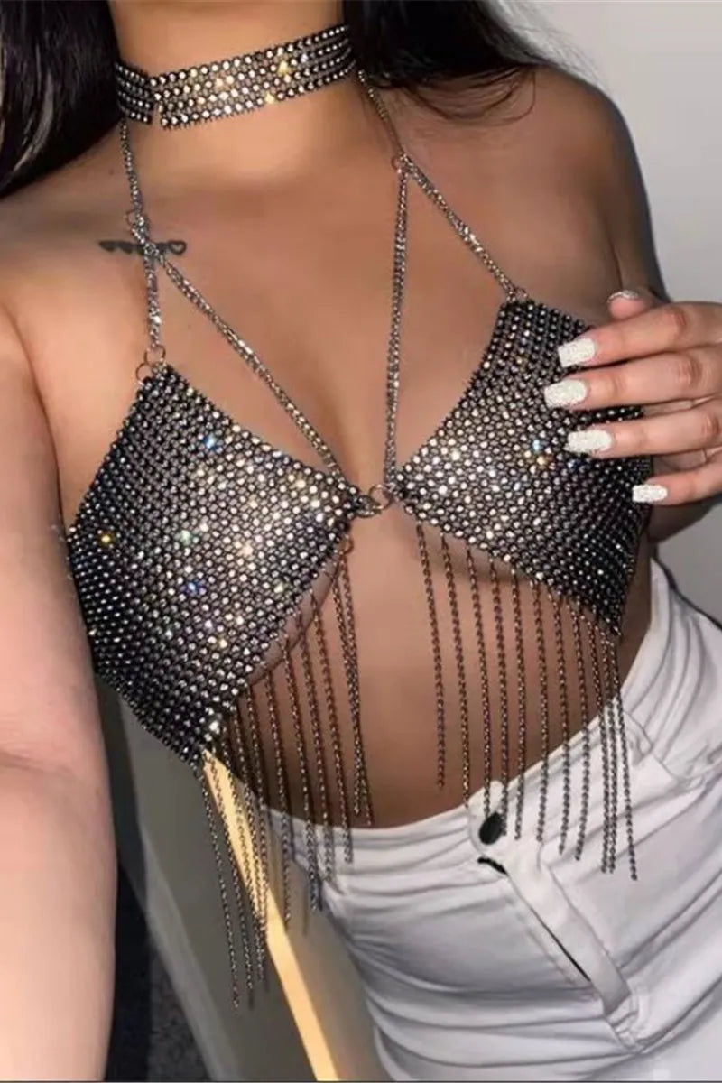 Tassel Chains Backless Halter Tops