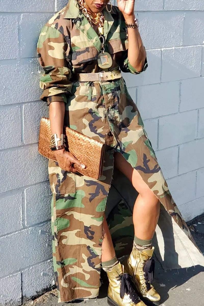 CAMOUFLAGE PRINT HIGH SLIT MAXI DRESS WITHOUT BELT