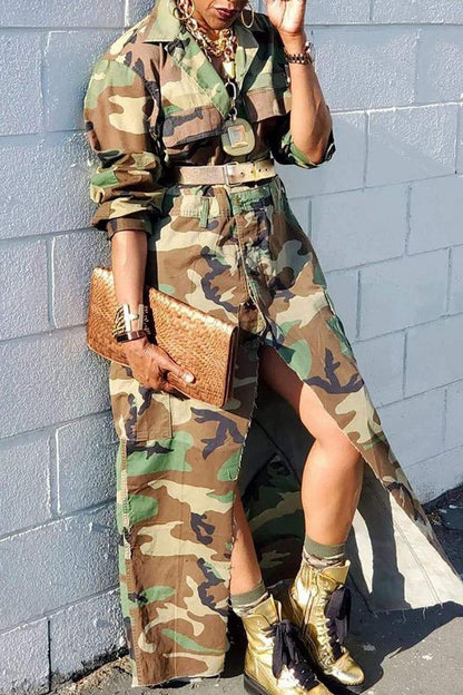 CAMOUFLAGE PRINT HIGH SLIT MAXI DRESS WITHOUT BELT