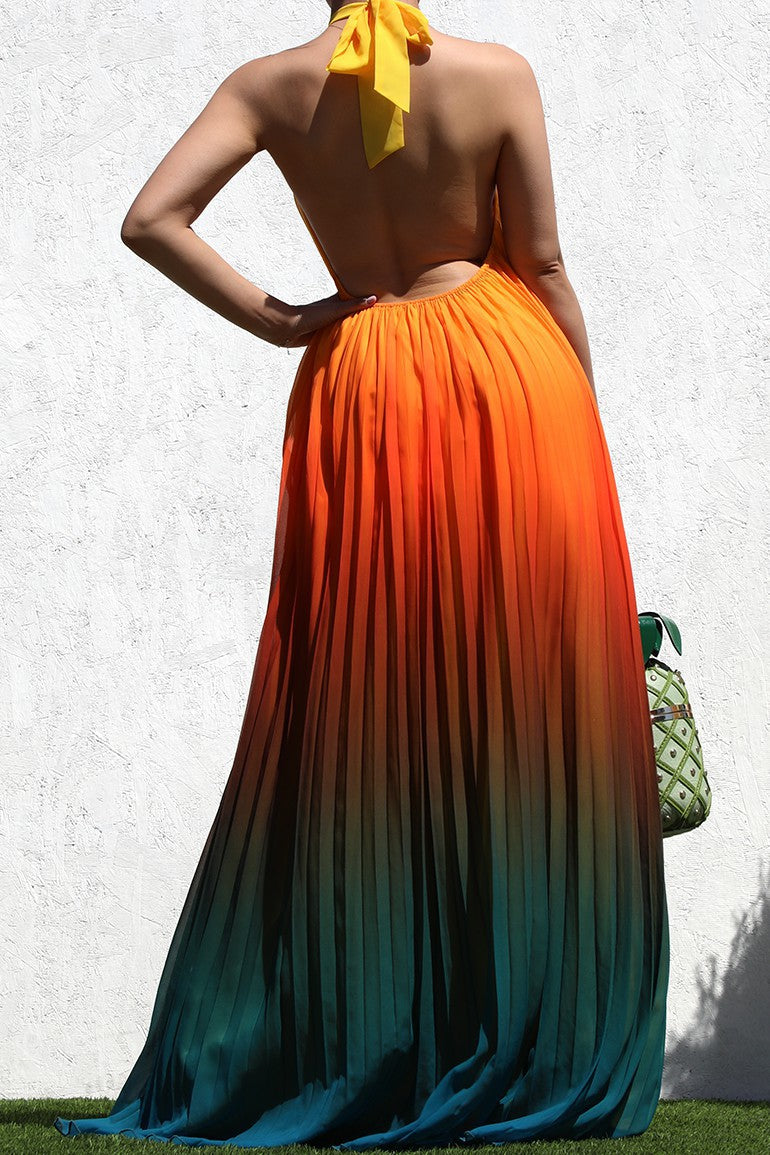 OMBRE' MULTI PLEATED WOVEN MAXI DRESS