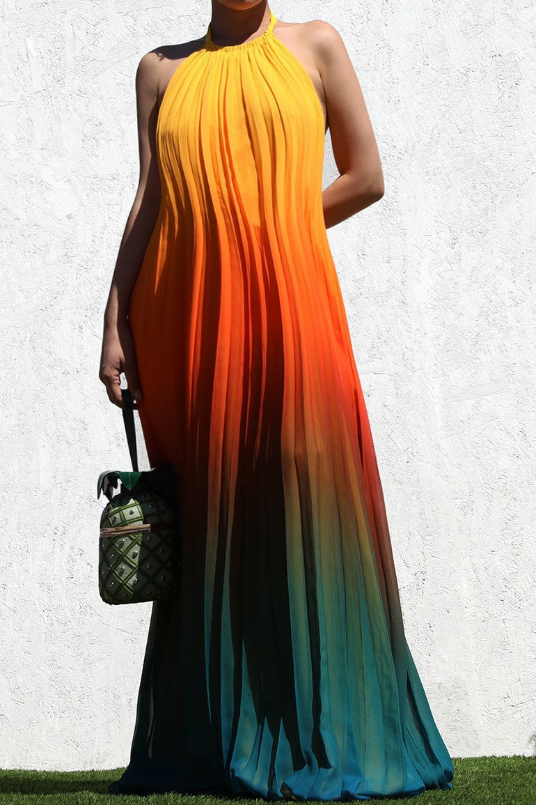 OMBRE' MULTI PLEATED WOVEN MAXI DRESS