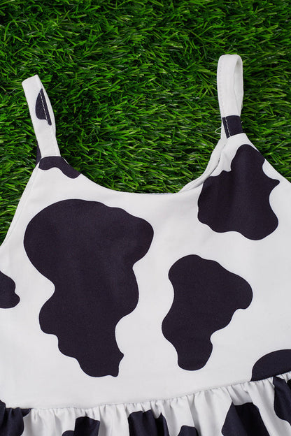 COW PRINTED FLARE DRESS WITH WHITE EMBROIDERED HEM