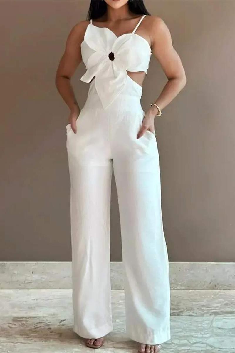 FLORAL PATTERN SHIRRED HOLLOW OUT JUMPSUIT