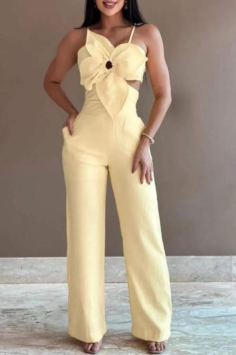 FLORAL PATTERN SHIRRED HOLLOW OUT JUMPSUIT