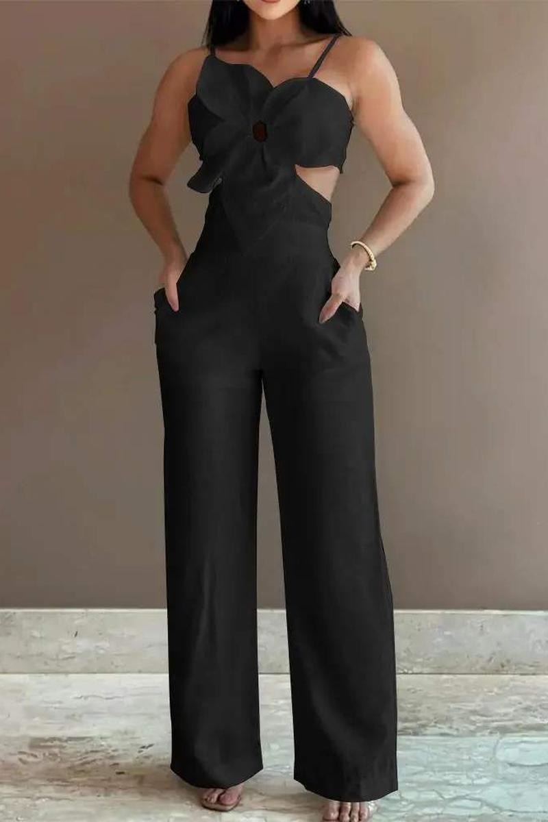 FLORAL PATTERN SHIRRED HOLLOW OUT JUMPSUIT