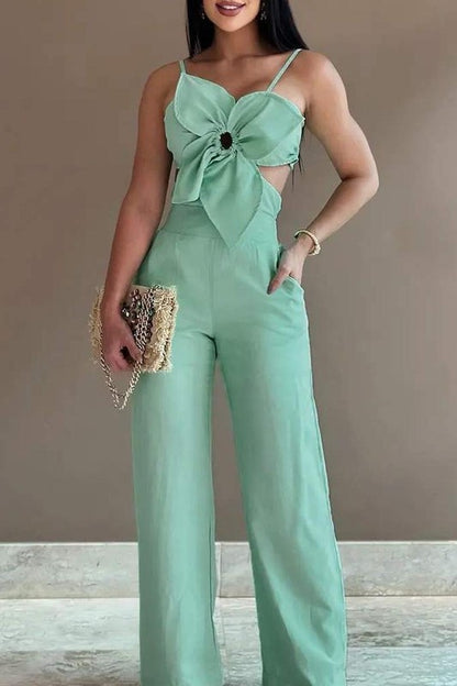 FLORAL PATTERN SHIRRED HOLLOW OUT JUMPSUIT