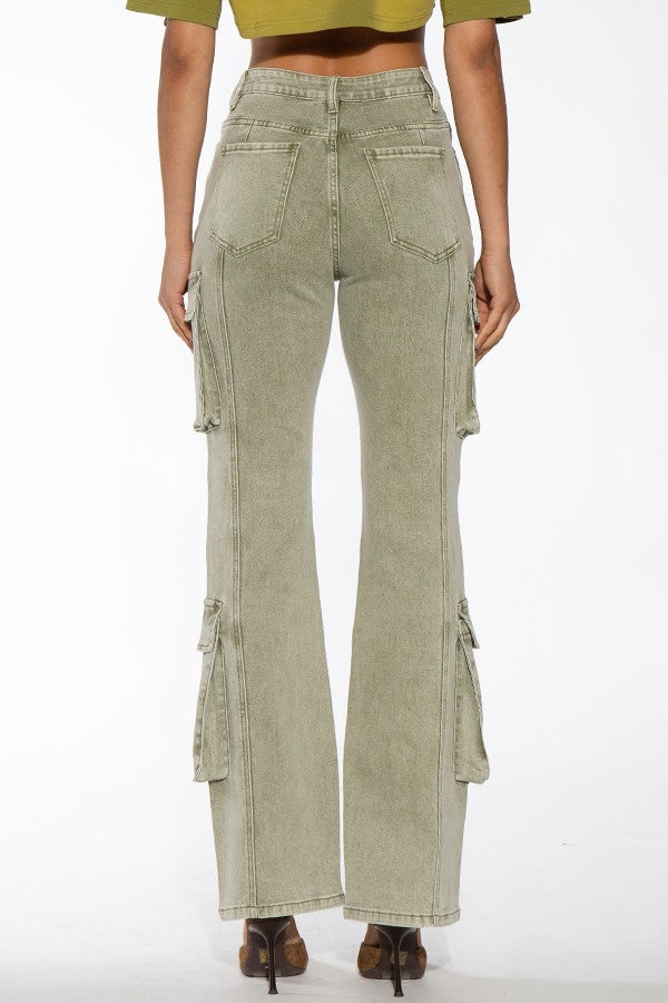COLOR WASHED CARGO BOOTCUT DENIM JEANS