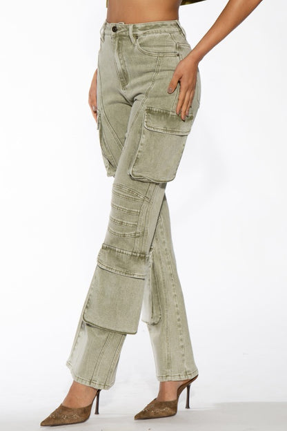 COLOR WASHED CARGO BOOTCUT DENIM JEANS