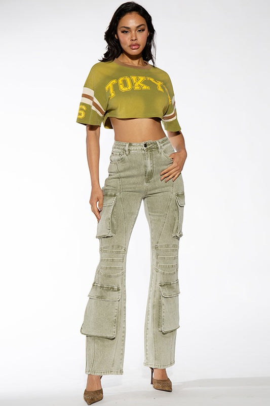 COLOR WASHED CARGO BOOTCUT DENIM JEANS