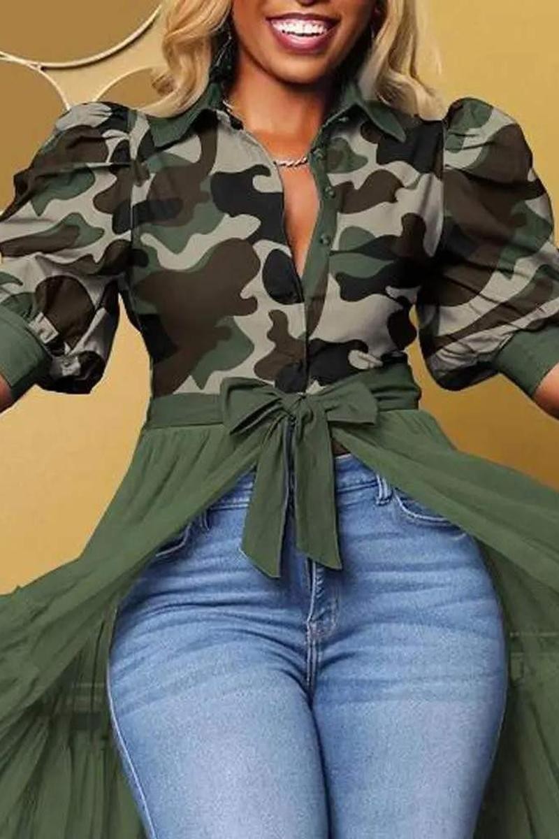 PRINT CONTRAST MESH PUFF SLEEVE LONGLINE TOP