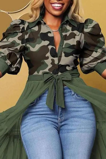 PRINT CONTRAST MESH PUFF SLEEVE LONGLINE TOP