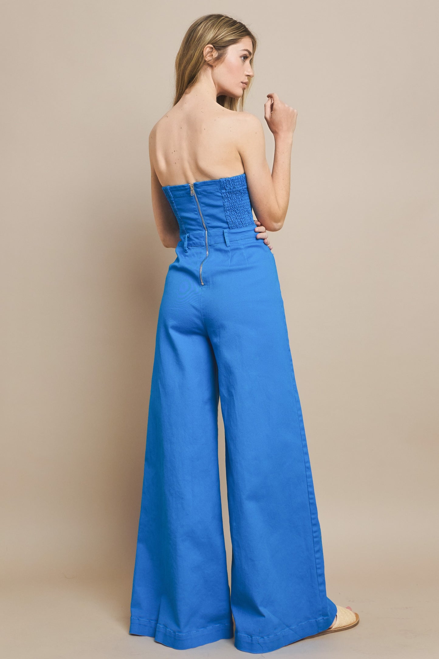 OFF SHOULDER WIDE LEG DENIM JUMPSUIT