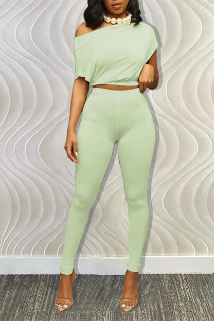 SLASH NECK SHORT SLEEVE TOP HIGH WAIST PANTS SET