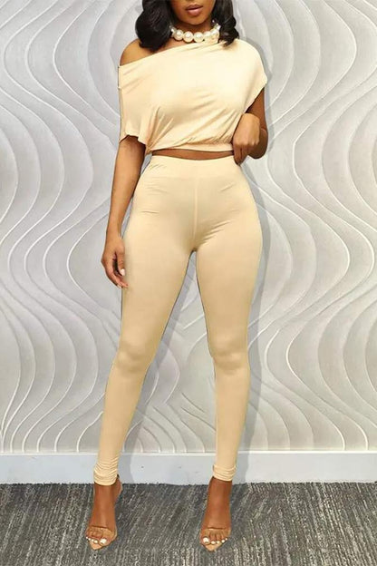 SLASH NECK SHORT SLEEVE TOP HIGH WAIST PANTS SET
