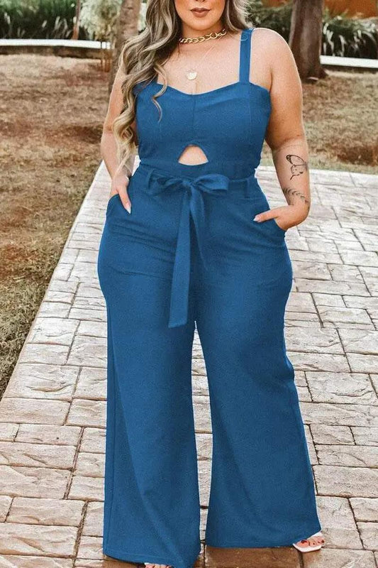 PLUS SIZE POCKET DETAIL BELTED JUMPSUIT