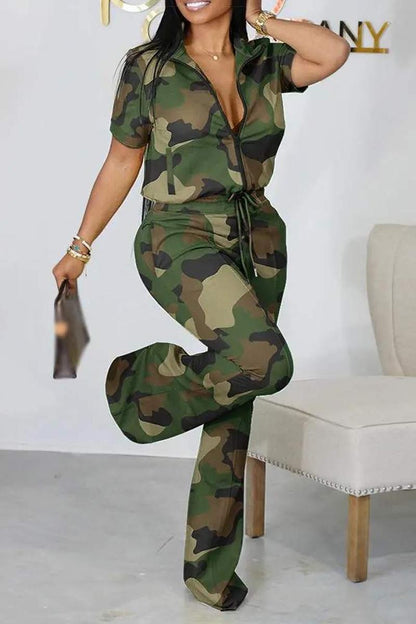 CAMOUFLAGE PRINT ZIP UP TOP DRAWSTRING PANTS SET