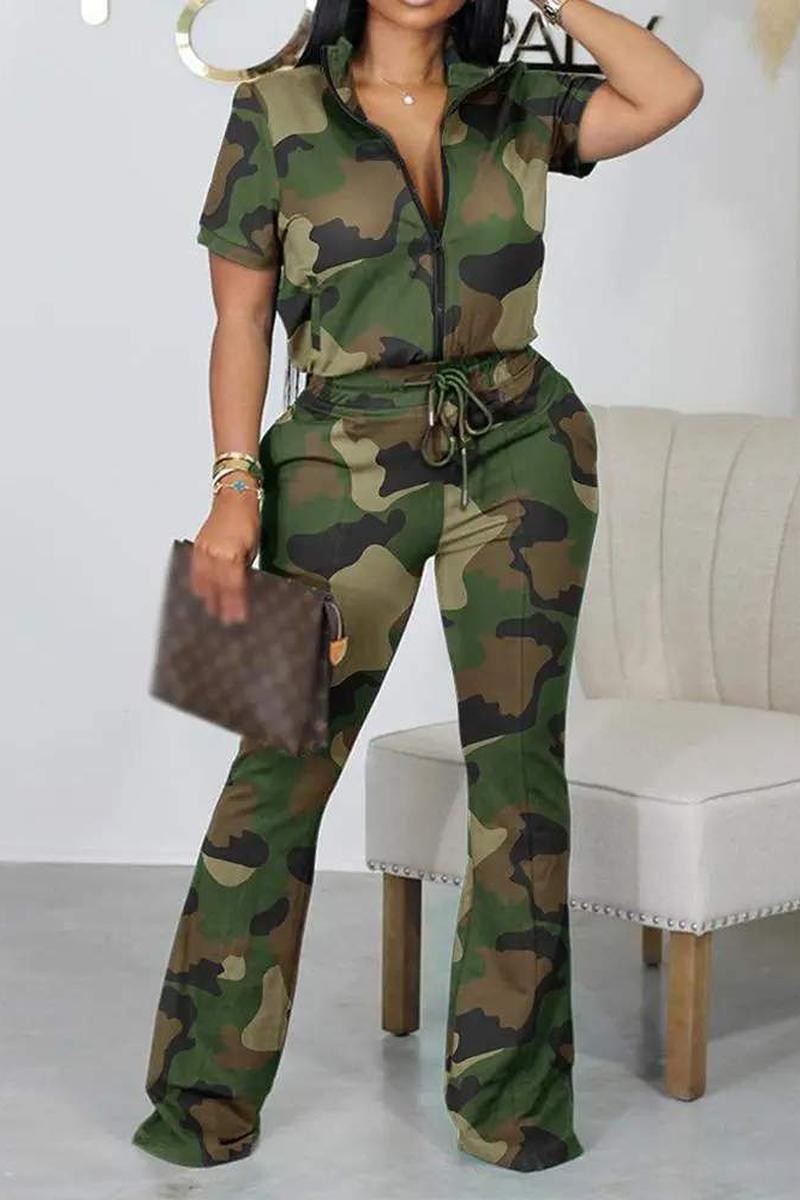 CAMOUFLAGE PRINT ZIP UP TOP DRAWSTRING PANTS SET