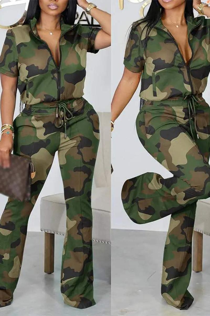 CAMOUFLAGE PRINT ZIP UP TOP DRAWSTRING PANTS SET