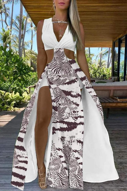 STRIPE TIE DYE PRINT CUTOUT HIGH SLIT MAXI DRESS