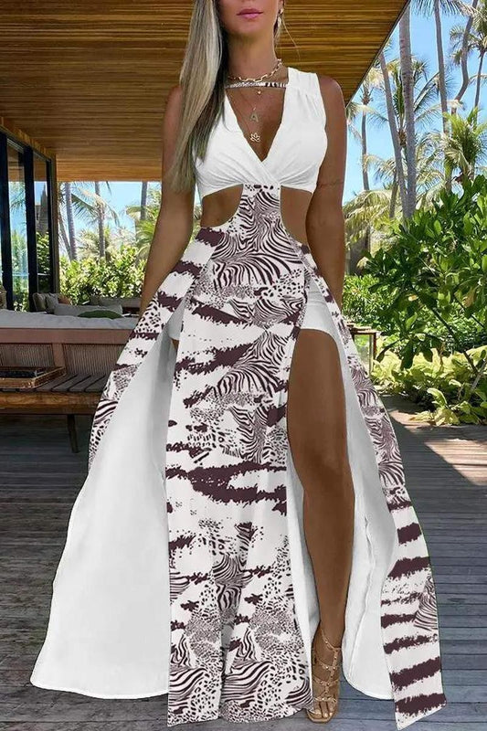 STRIPE TIE DYE PRINT CUTOUT HIGH SLIT MAXI DRESS