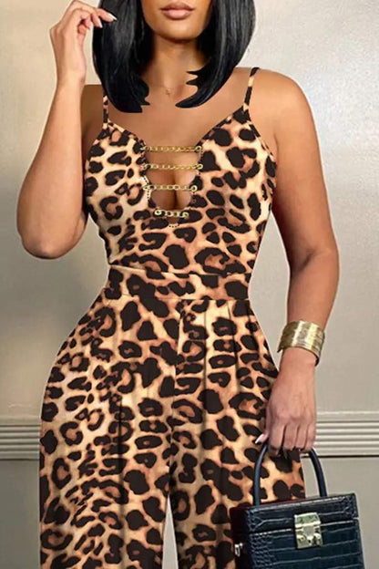 LEOPARD PRINT CHAIN STRAP PLUNGE JUMPSUIT