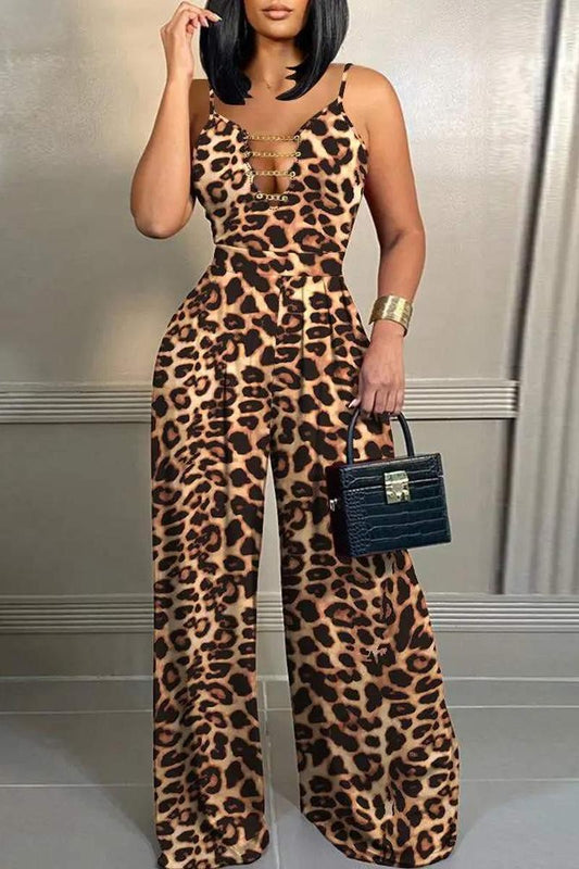 LEOPARD PRINT CHAIN STRAP PLUNGE JUMPSUIT
