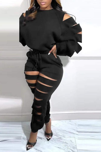 CUTOUT LONG SLEEVE TOP DRAWSTRING PANTS SET