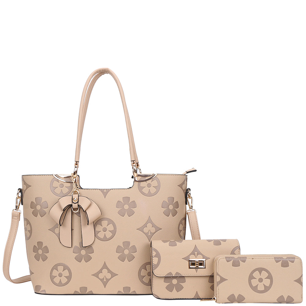 FLORAL PRINT DESIGN SHOULDER TOTE BAG WITH CROSSBODY AND WALLET SET