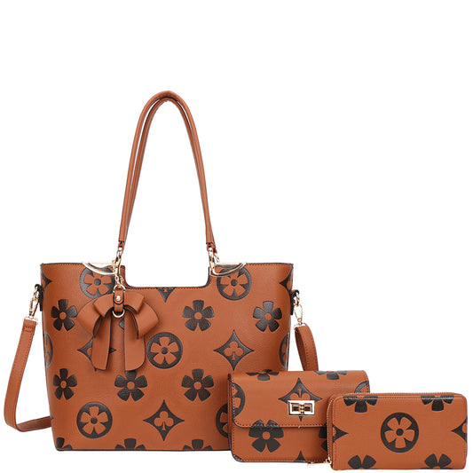 FLORAL PRINT DESIGN SHOULDER TOTE BAG WITH CROSSBODY AND WALLET SET