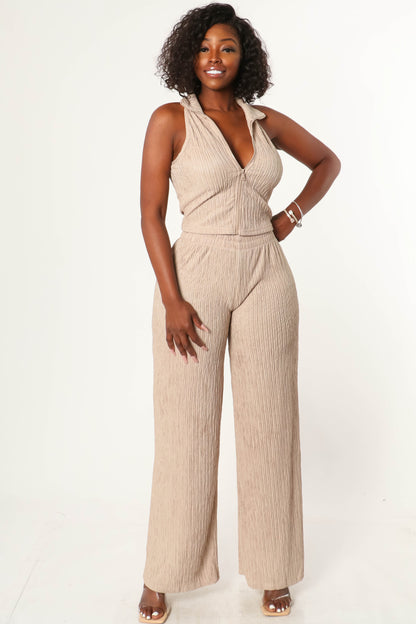 TEXTURE ZIP UP SLEEVELESS CROP TOP AND PANT SET