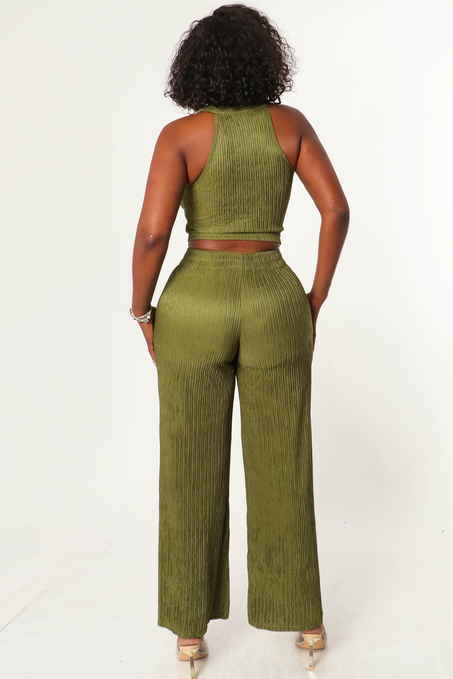 TEXTURE ZIP UP SLEEVELESS CROP TOP AND PANT SET