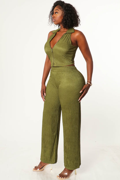TEXTURE ZIP UP SLEEVELESS CROP TOP AND PANT SET