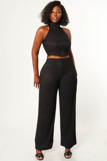 TEXTURE ZIP UP SLEEVELESS CROP TOP AND PANT SET